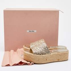 Miu Miu Gold Glitter Platform Espadrille Slides Size 37