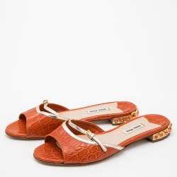 Pre Owned Miu Miu Orange Crocodile Leather Slides Size 37.5 