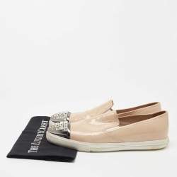 Miu Miu Beige Patent Leather Crystal Embellished Sneakers Size 38