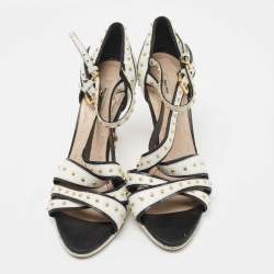 Miu Miu White Crackled Leather Studded Ankle Strap Sandals Size 38