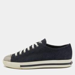 Pre Owned Miu Miu Navy Blue Perforated Suede and Metal Cap Toe Low Top Sneakers Size 39.5