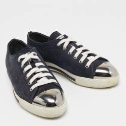 Pre Owned Miu Miu Navy Blue Perforated Suede and Metal Cap Toe Low Top Sneakers Size 39.5