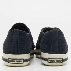 Pre Owned Miu Miu Navy Blue Perforated Suede and Metal Cap Toe Low Top Sneakers Size 39.5