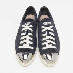 Pre Owned Miu Miu Navy Blue Perforated Suede and Metal Cap Toe Low Top Sneakers Size 39.5