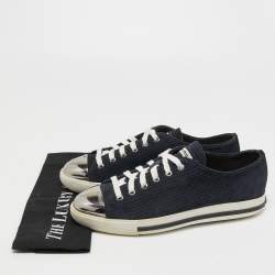 Pre Owned Miu Miu Navy Blue Perforated Suede and Metal Cap Toe Low Top Sneakers Size 39.5