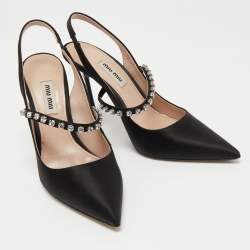 Pre Owned Miu Miu Black Satin Crystal Embellished Slingback Pumps Size 36.5