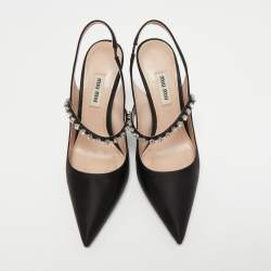 Pre Owned Miu Miu Black Satin Crystal Embellished Slingback Pumps Size 36.5