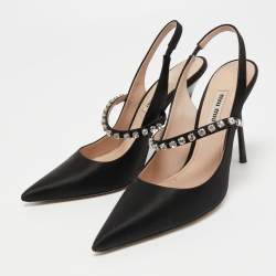 Pre Owned Miu Miu Black Satin Crystal Embellished Slingback Pumps Size 36.5
