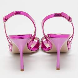 Miu Miu Magenta Pink Laminated Leather Crystals Embellished Sandals Size 41
