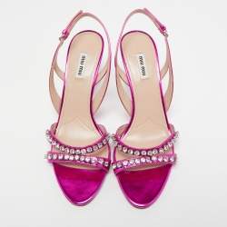 Miu Miu Magenta Pink Laminated Leather Crystals Embellished Sandals Size 41