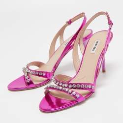 Miu Miu Magenta Pink Laminated Leather Crystals Embellished Sandals Size 41