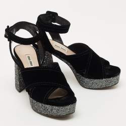 Miu Miu Black Velvet and Glitter Platform Ankle Strap Sandals Size 37