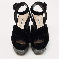 Miu Miu Black Velvet and Glitter Platform Ankle Strap Sandals Size 37