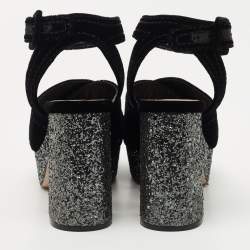 Miu Miu Black Velvet and Glitter Platform Ankle Strap Sandals Size 37