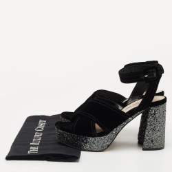 Miu Miu Black Velvet and Glitter Platform Ankle Strap Sandals Size 37