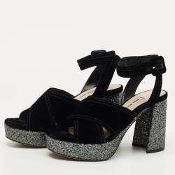 Miu Miu Black Velvet and Glitter Platform Ankle Strap Sandals Size 37