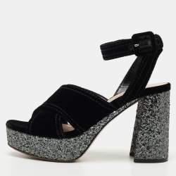 Miu Miu Black Velvet and Glitter Platform Ankle Strap Sandals Size 37