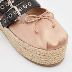 Miu Miu Beige/Black Satin and Leather Belted Ballet Platform Espadrille Flats Size 39.5