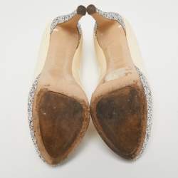 Miu Miu Cream Patent Leather And Coarse Glitter Peep Toe Platform Pumps Size 36.5