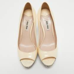 Miu Miu Cream Patent Leather And Coarse Glitter Peep Toe Platform Pumps Size 36.5