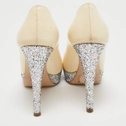 Miu Miu Cream Patent Leather And Coarse Glitter Peep Toe Platform Pumps Size 36.5