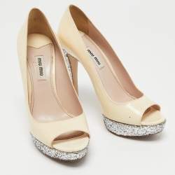 Miu Miu Cream Patent Leather And Coarse Glitter Peep Toe Platform Pumps Size 36.5