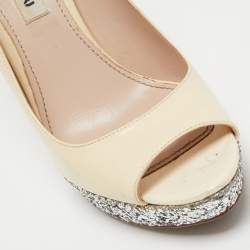 Miu Miu Cream Patent Leather And Coarse Glitter Peep Toe Platform Pumps Size 36.5
