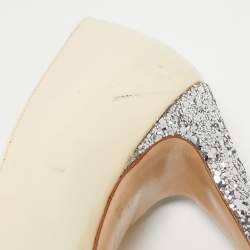 Miu Miu Cream Patent Leather And Coarse Glitter Peep Toe Platform Pumps Size 36.5