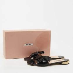 Miu Miu Black Patent Leather Bow Crystal Embellished Flat Slides Size 38.5