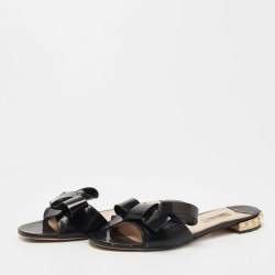 Miu Miu Black Patent Leather Bow Crystal Embellished Flat Slides Size 38.5