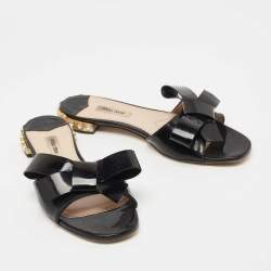 Miu Miu Black Patent Leather Bow Crystal Embellished Flat Slides Size 38.5
