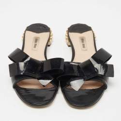Miu Miu Black Patent Leather Bow Crystal Embellished Flat Slides Size 38.5