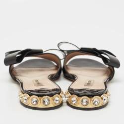 Miu Miu Black Patent Leather Bow Crystal Embellished Flat Slides Size 38.5