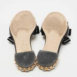 Miu Miu Black Patent Leather Bow Crystal Embellished Flat Slides Size 38.5
