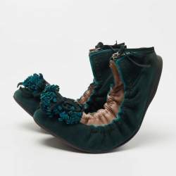 Miu Miu Dark Green Suede Fringe Bow Scrunch Ballet Flats Size 38