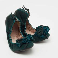 Miu Miu Dark Green Suede Fringe Bow Scrunch Ballet Flats Size 38