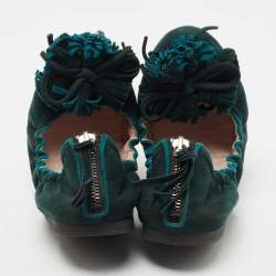 Miu Miu Dark Green Suede Fringe Bow Scrunch Ballet Flats Size 38