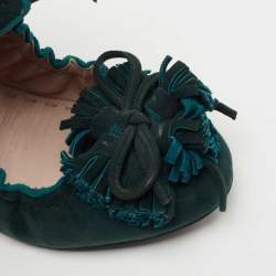 Miu Miu Dark Green Suede Fringe Bow Scrunch Ballet Flats Size 38