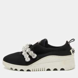 Miu Miu Black Knit Fabric Crystal Embellished Slip On Sneakers Size 36.5