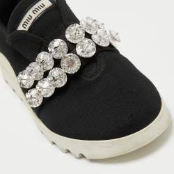 Miu Miu Black Knit Fabric Crystal Embellished Slip On Sneakers Size 36.5