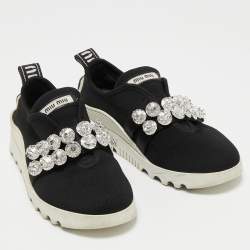 Miu Miu Black Knit Fabric Crystal Embellished Slip On Sneakers Size 36.5