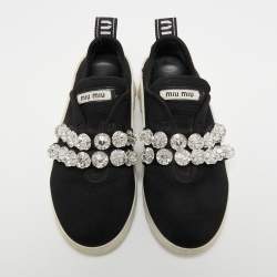 Miu Miu Black Knit Fabric Crystal Embellished Slip On Sneakers Size 36.5
