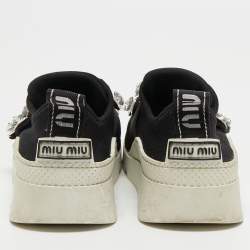 Miu Miu Black Knit Fabric Crystal Embellished Slip On Sneakers Size 36.5