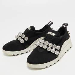 Miu Miu Black Knit Fabric Crystal Embellished Slip On Sneakers Size 36.5