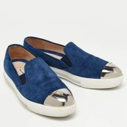 Pre Owned Miu Miu Blue Suede Metal Cap Toe Slip On Sneakers Size 37
