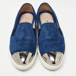 Pre Owned Miu Miu Blue Suede Metal Cap Toe Slip On Sneakers Size 37