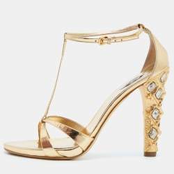 Miu Miu Metallic Gold Leather T-Strap Sandals Size 38.5