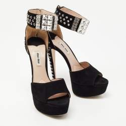 Miu Miu Black Suede Studded Ankle Strap Platform Sandals Size 38