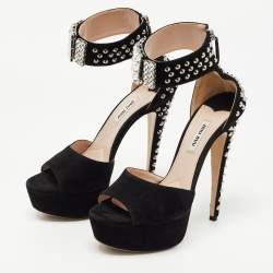 Miu Miu Black Suede Studded Ankle Strap Platform Sandals Size 38