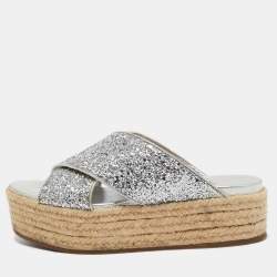 Miu Miu Silver Glitter and Leather Cross Strap Espadrille Wedge Sandals Size 38.5